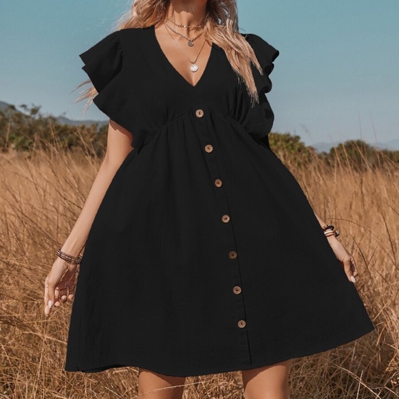 Vneck button boho Butterfly sleeve Black Dress 90s - Picture 3 of 5